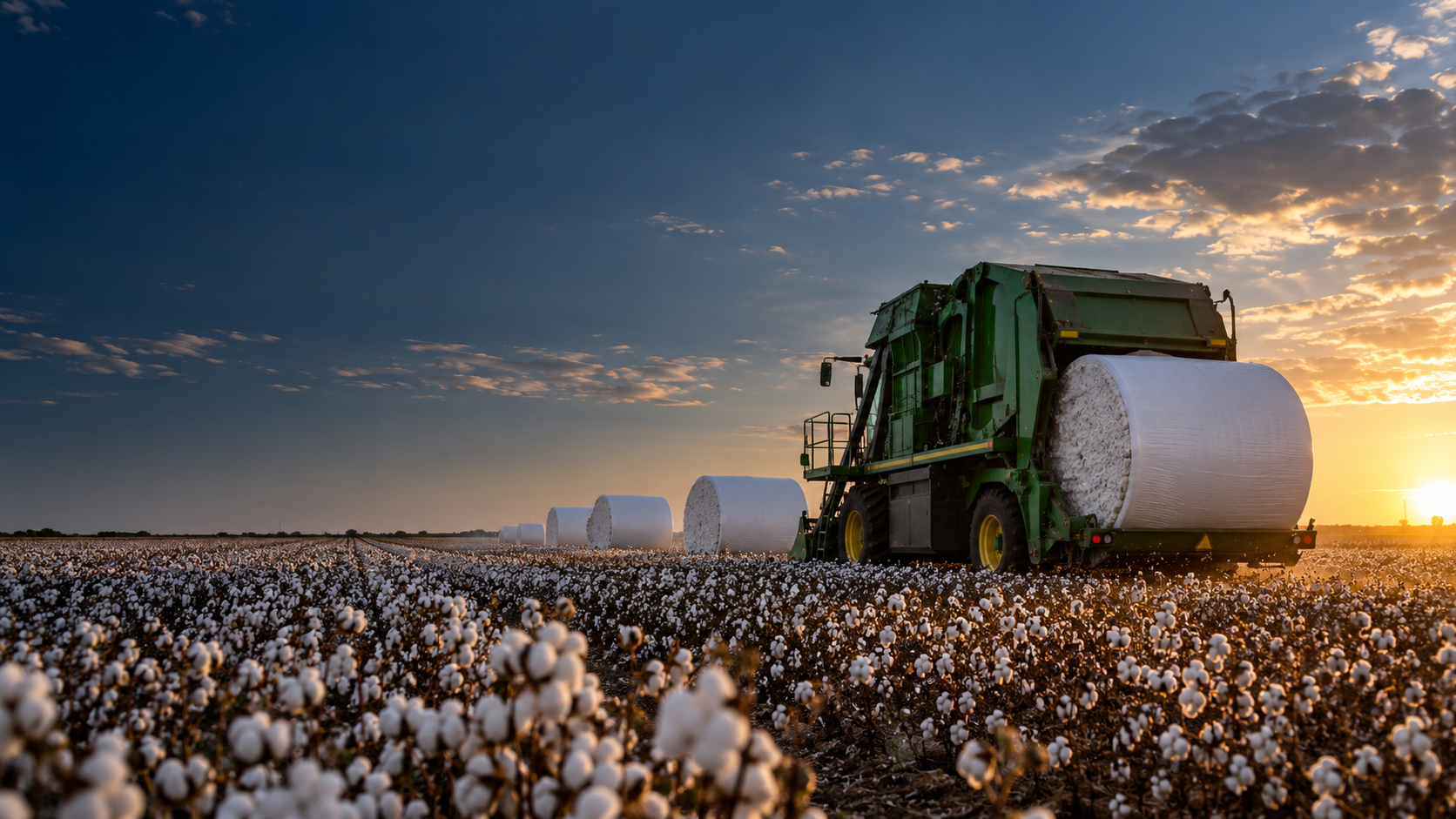 Round cotton modules being harvested at sunset